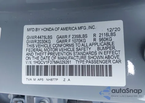 2021 Honda Accord Sport from USA, damaged, VIN 1HGCV1F37MA029261